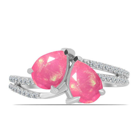 Anel de Prata com Opala Rosa de Lega Dembi e Topázio Branco