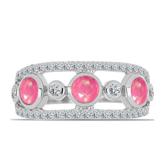 Anel de Prata com Opala Rosa de Lega Dembi e Topázio Branco  Contraste: Cabeca de Veado (800)