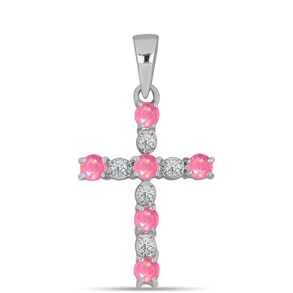 Cruz Pendente de Prata com Opala Rosa de Lega Dembi e Topázio Branco 1 