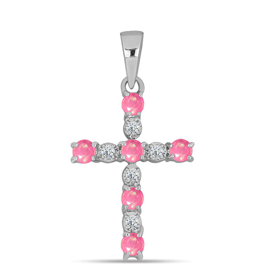 Cruz Pendente de Prata com Opala Rosa de Lega Dembi e Topázio Branco