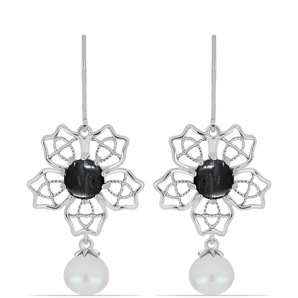 Brincos de Prata com Jaspe Picasso e Pérola de Água Doce Branca