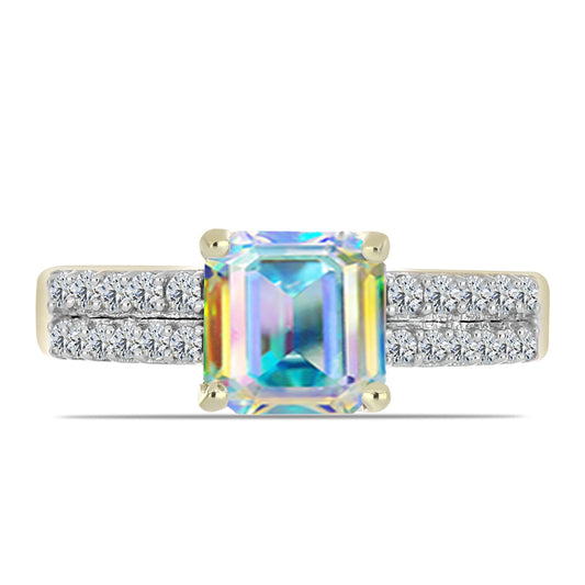 Anel de Prata com Banho de Ouro com Moissanite efeito gelo e Topázio Branco  Contraste: Cabeca de Veado (800)