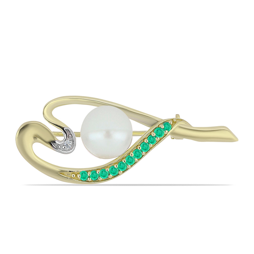 Alfinete de Prata com Banho de Ouro com Esmeralda da Colômbia e Diamante Branco