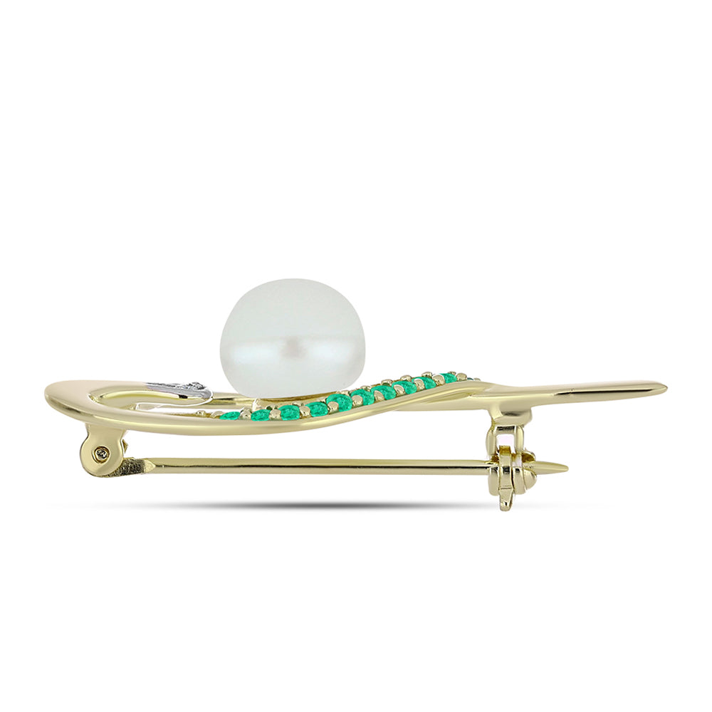 Alfinete de Prata com Banho de Ouro com Esmeralda da Colômbia e Diamante Branco