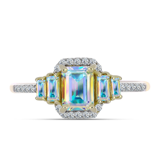 Anel de Prata com Banho de Ouro com Moissanite efeito gelo e Zircão Branco