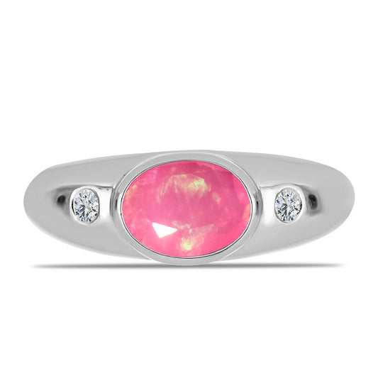 Anel de Prata com Opala Rosa de Lega Dembi e Topázio Branco
