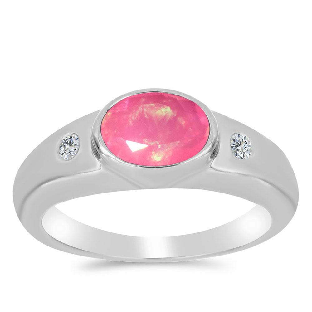 Anel de Prata com Opala Rosa de Lega Dembi e Topázio Branco