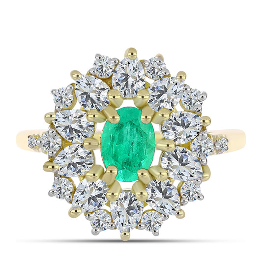 Anel de Prata com Banho de Ouro com Esmeralda da Colômbia e Diamante Branco  Contraste: Cabeca de Veado (800)