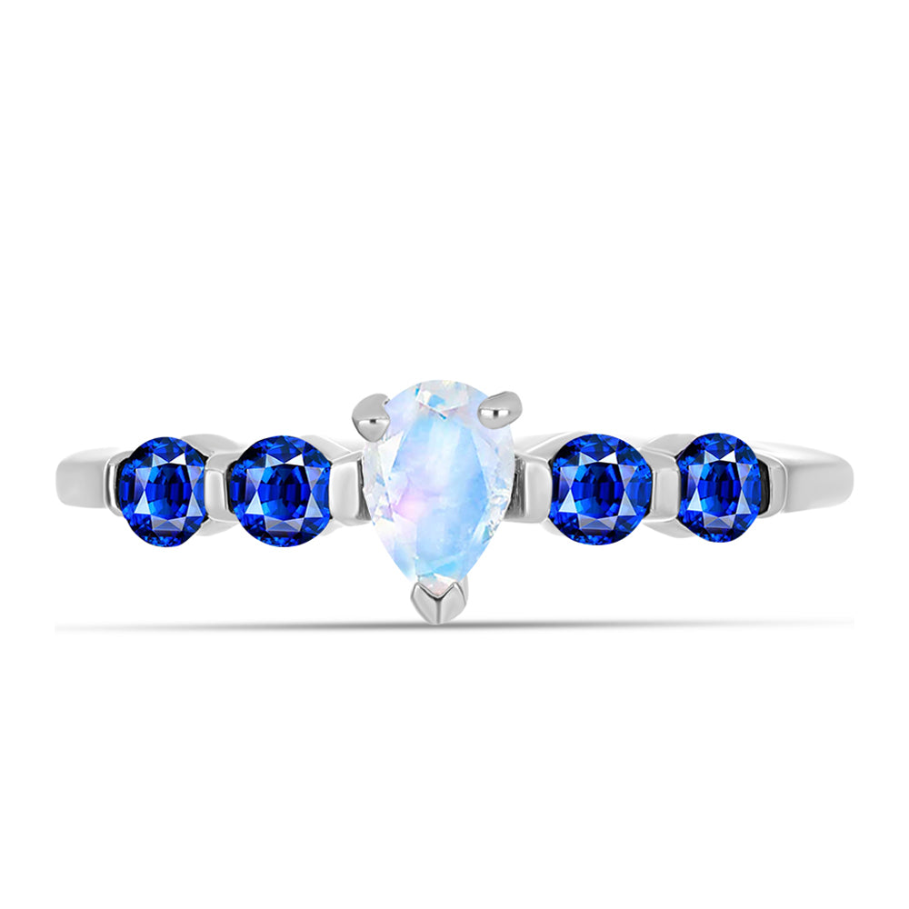 Anel de Prata com Safira Azul Australiana e Pedra da Lua Arco-íris