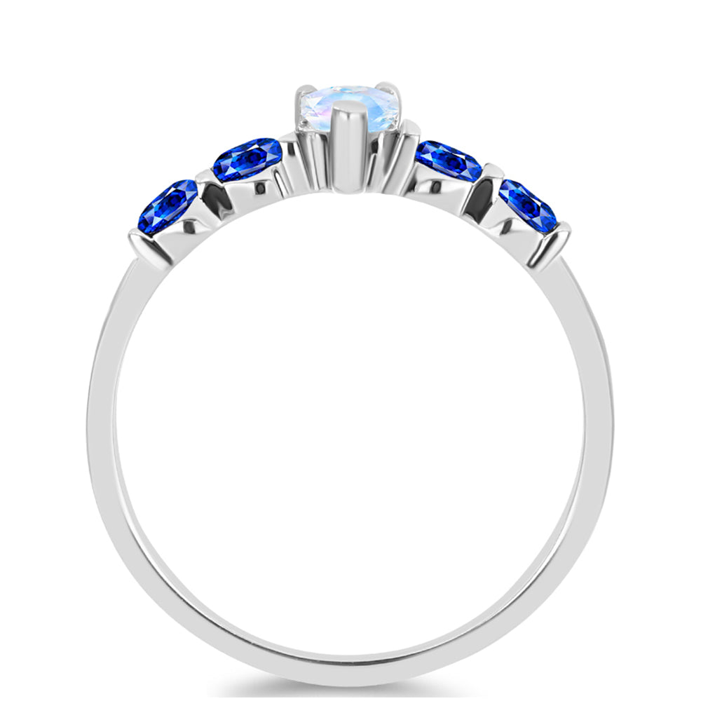 Anel de Prata com Safira Azul Australiana e Pedra da Lua Arco-íris