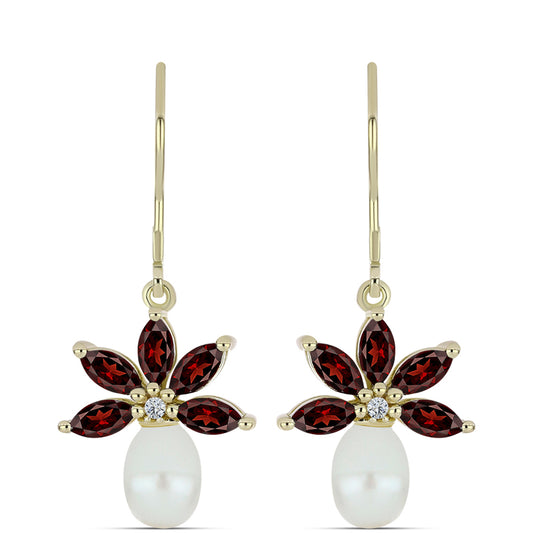 Brincos de Prata com Banho de Ouro com Granada de Barton e Pérola Branca de Água Doce