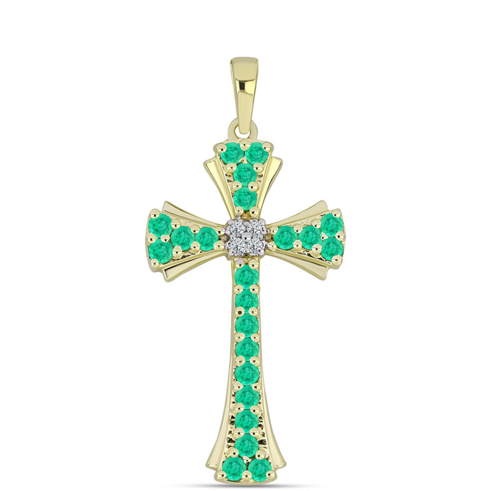Cruz Pendente de Prata com Banho de Ouro com Esmeralda da Colômbia e Diamante Branco 1 