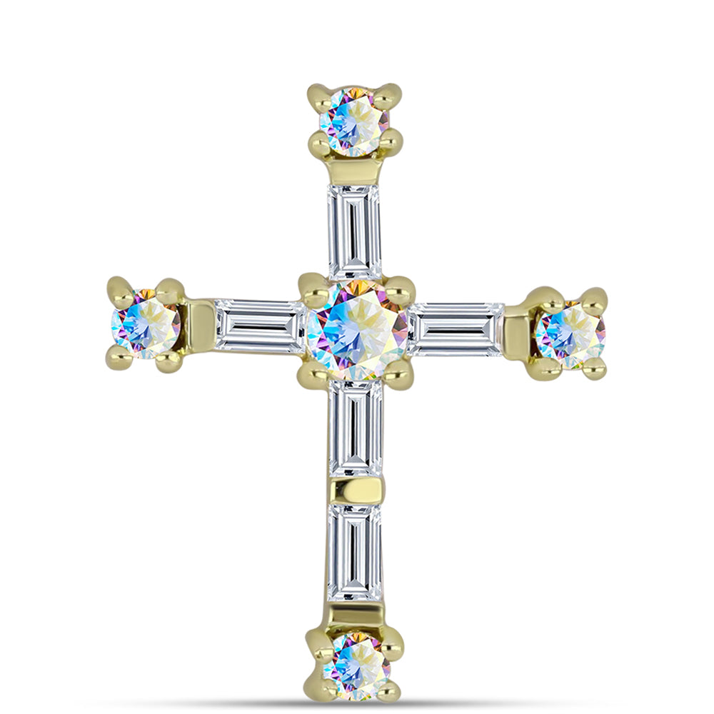 Cruz Pendente de Prata com Banho de Ouro com Moissanite efeito gelo e Zircão Branco 1 