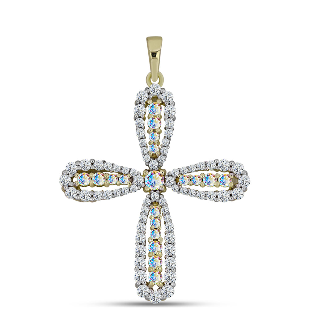 Cruz Pendente de Prata com Banho de Ouro com Moissanite efeito gelo e Topázio Branco 1 