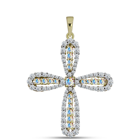 Cruz Pendente de Prata com Banho de Ouro com Moissanite efeito gelo e Topázio Branco