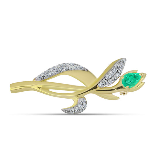 Alfinete de Prata com Banho de Ouro com Esmeralda da Colômbia e Diamante Branco  Contraste: Cabeca de Veado (800)