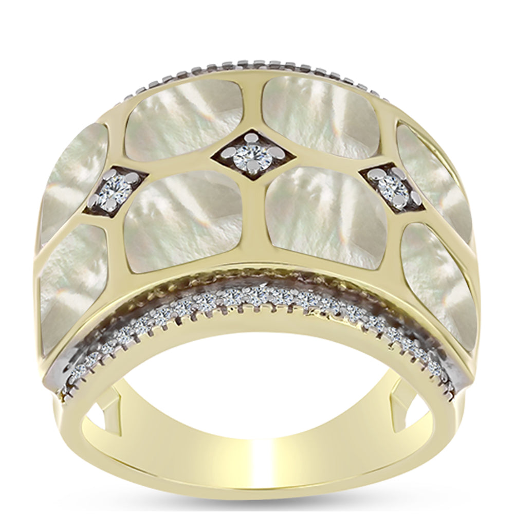 Anel de Prata com Banho de Ouro com Mãe de Pérola e Topázio Branco  Contraste: Cabeca de Veado (800)