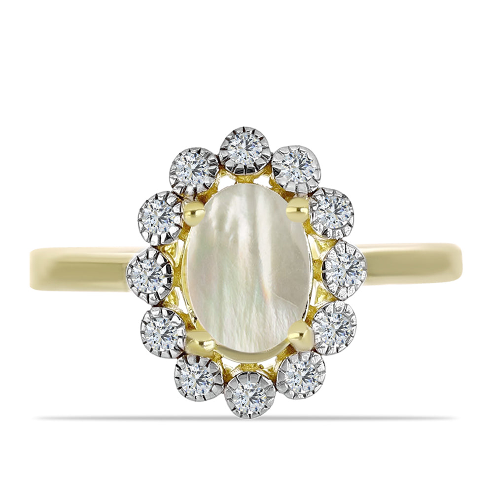 Anel de Prata com Banho de Ouro com Mãe de Pérola e Topázio Branco