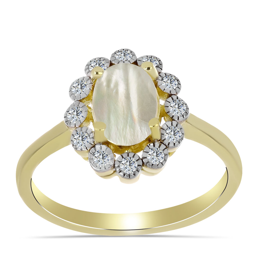Anel de Prata com Banho de Ouro com Mãe de Pérola e Topázio Branco