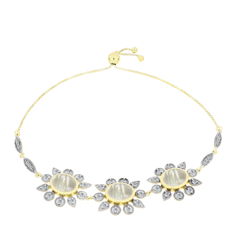 Pulseira de Prata com Banho de Ouro com Mãe de Pérola e Topázio Branco  Contraste: Cabeca de Veado (800) 1 