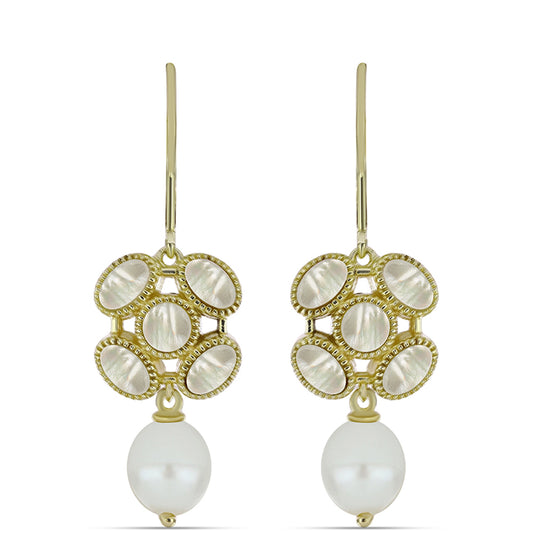 Brincos de Prata com Banho de Ouro com Mãe de Pérola e Pérola Branca de Água Doce