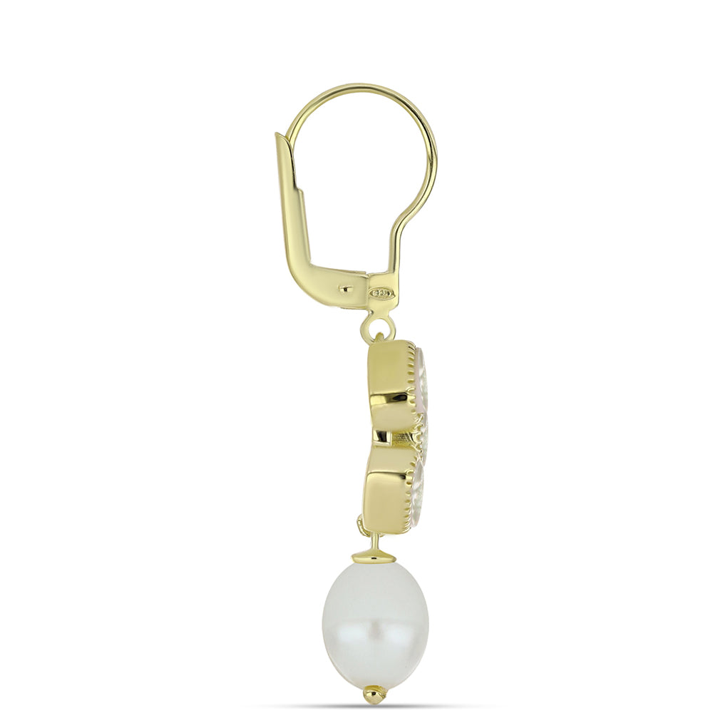 Brincos de Prata com Banho de Ouro com Mãe de Pérola e Pérola Branca de Água Doce 2 