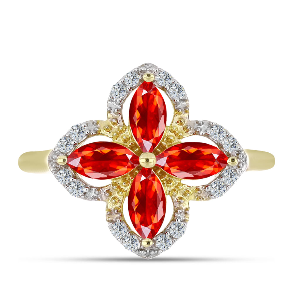 Anel de Prata com Banho de Ouro com Opala Vermelha da Etiópia de Lega Dembi e Topázio Branco