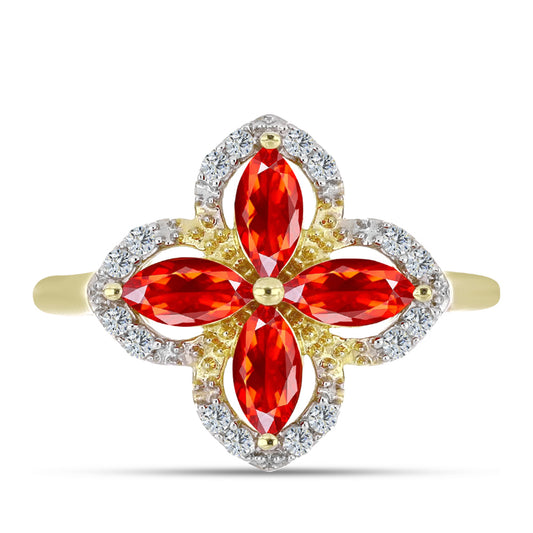 Anel de Prata com Banho de Ouro com Opala Vermelha da Etiópia de Lega Dembi e Topázio Branco