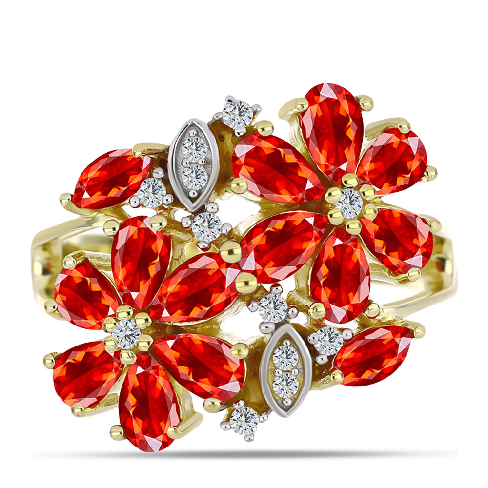 Anel de Prata com Banho de Ouro com Opala Vermelha da Etiópia de Lega Dembi e Topázio Branco  Contraste: Cabeca de Veado (800) 1 