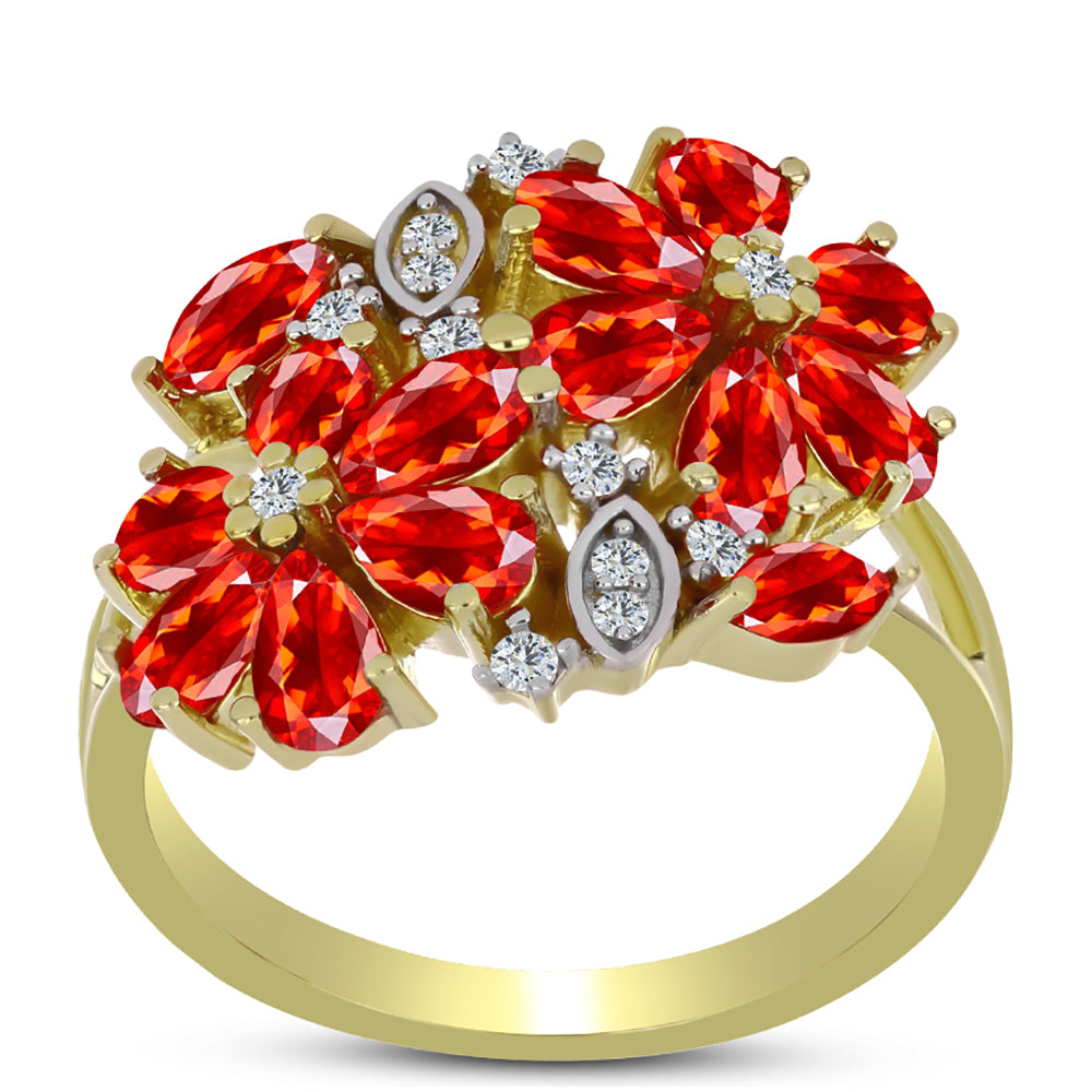 Anel de Prata com Banho de Ouro com Opala Vermelha da Etiópia de Lega Dembi e Topázio Branco  Contraste: Cabeca de Veado (800)