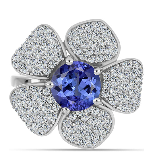 Anel de Prata com Tanzanite AAA e Topázio Branco  Contraste: Cabeca de Veado (800)