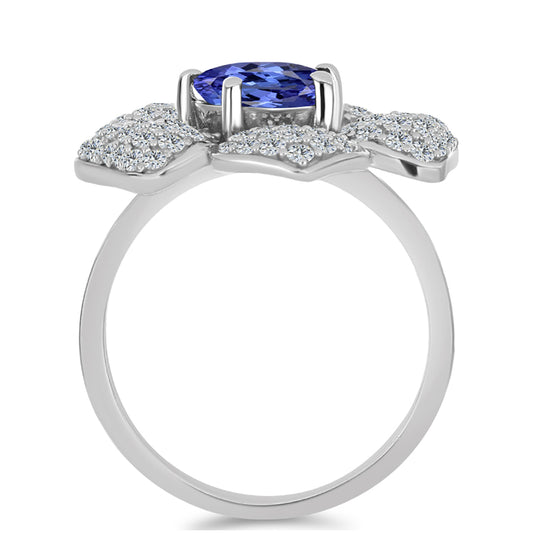 Anel de Prata com Tanzanite AAA e Topázio Branco  Contraste: Cabeca de Veado (800)