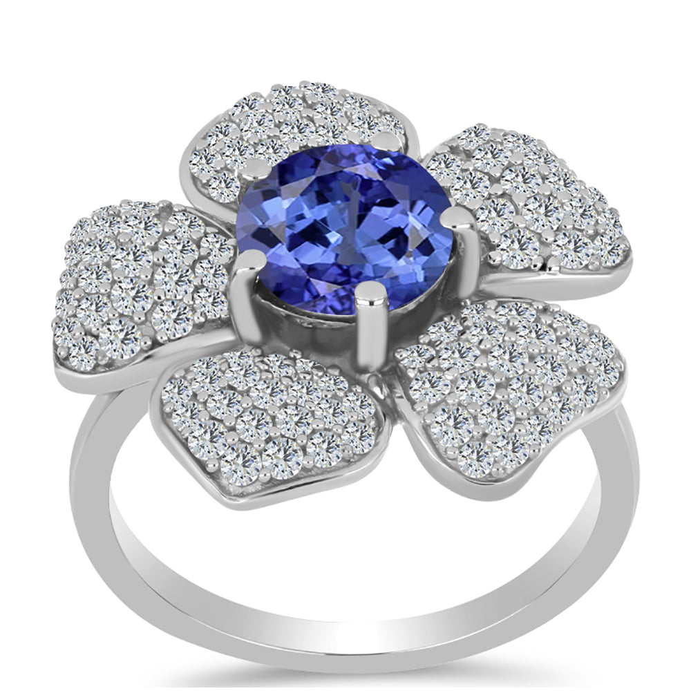 Anel de Prata com Tanzanite AAA e Topázio Branco  Contraste: Cabeca de Veado (800)