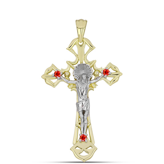 Cruz Pendente de Prata com Banho de Ouro com Opala Vermelha da Etiópia de Lega Dembi  Contraste: Cabeca de Veado (800)