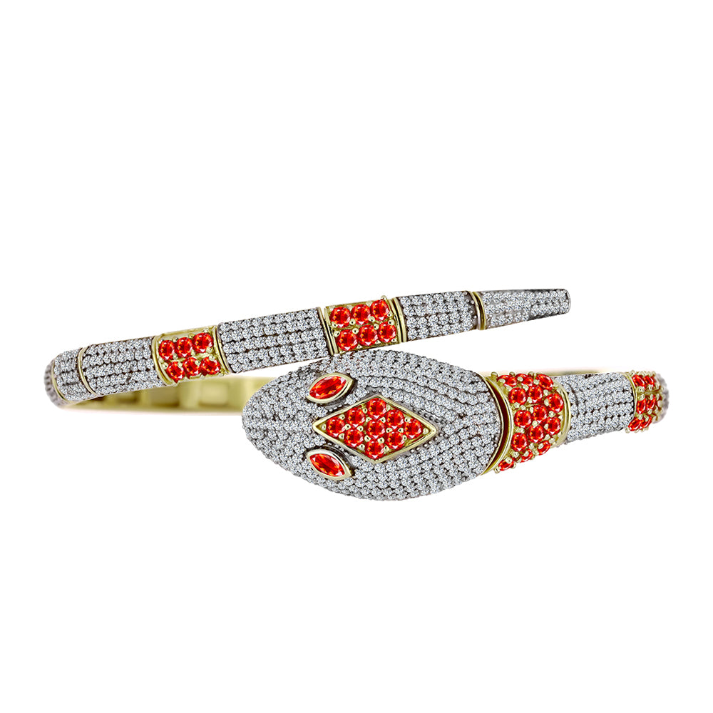 Pulseira de Prata com Banho de Ouro com Opala Vermelha da Etiópia de Lega Dembi e Topázio Branco  Contraste: Cabeca de Veado (800)
