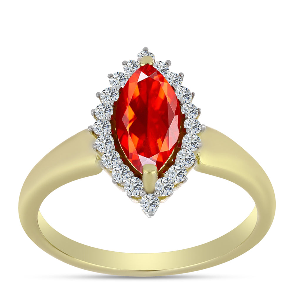 Anel de Prata com Banho de Ouro com Opala Vermelha da Etiópia de Lega Dembi e Topázio Branco