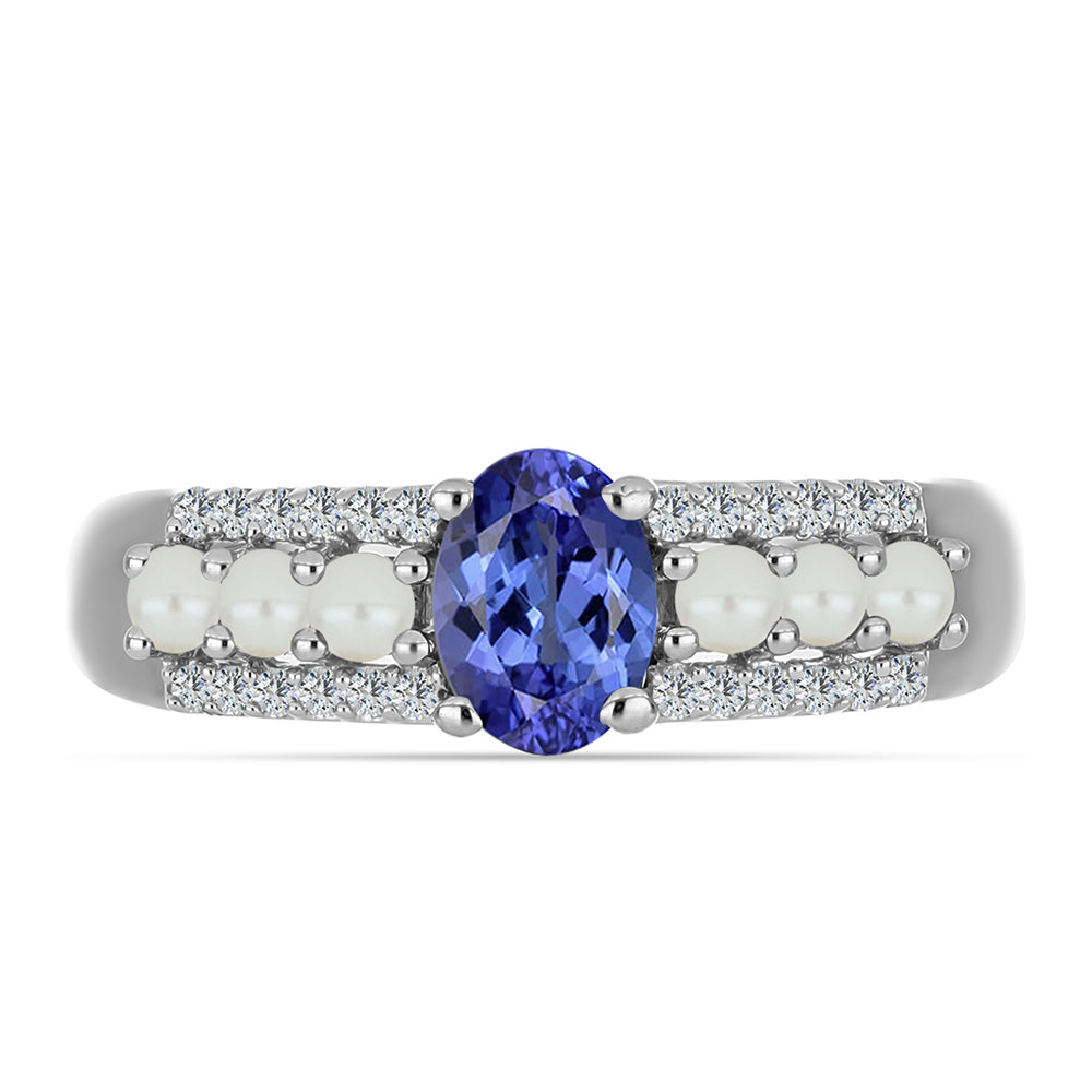 Anel de Prata com Tanzanite AAA e Pérola Branca de Água Doce  Contraste: Cabeca de Veado (800)