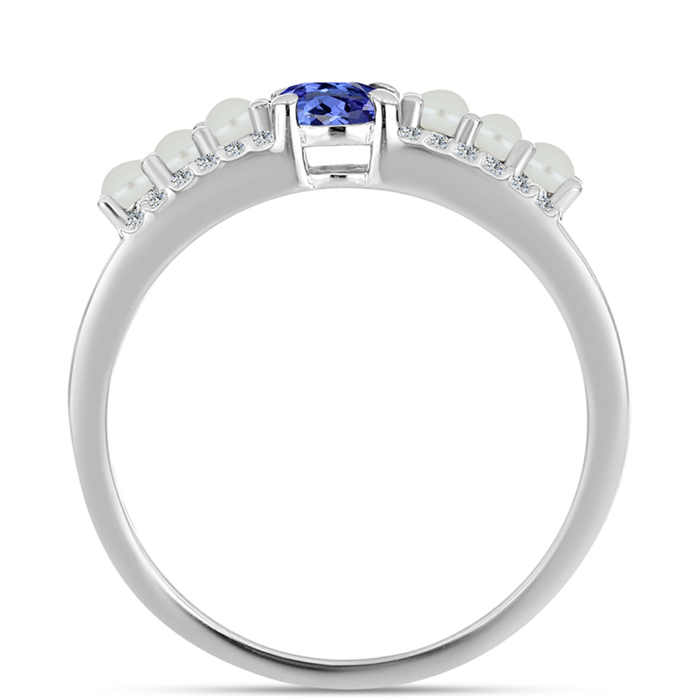 Anel de Prata com Tanzanite AAA e Pérola Branca de Água Doce  Contraste: Cabeca de Veado (800)