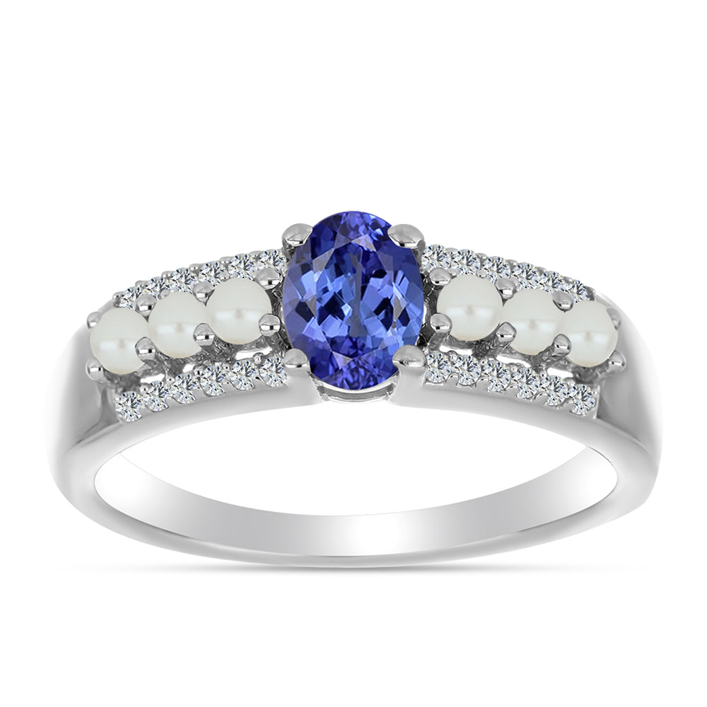 Anel de Prata com Tanzanite AAA e Pérola Branca de Água Doce  Contraste: Cabeca de Veado (800) 3 