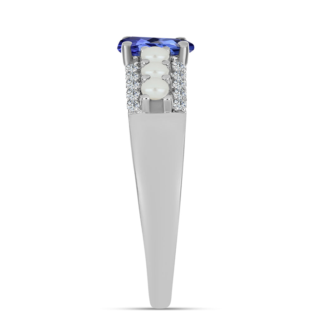 Anel de Prata com Tanzanite AAA e Pérola Branca de Água Doce  Contraste: Cabeca de Veado (800)