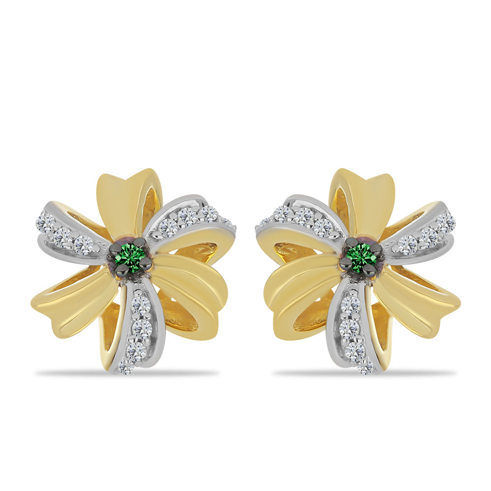 Brincos de Prata com Banho de Ouro com Diamante Verde e Zircão Branco