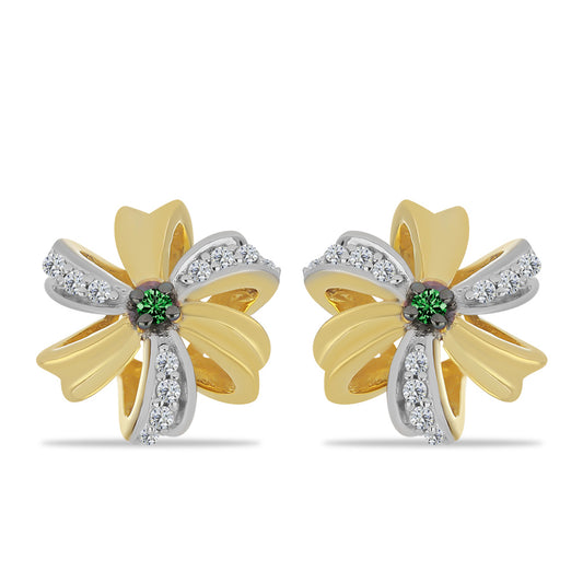 Brincos de Prata com Banho de Ouro com Diamante Verde e Zircão Branco