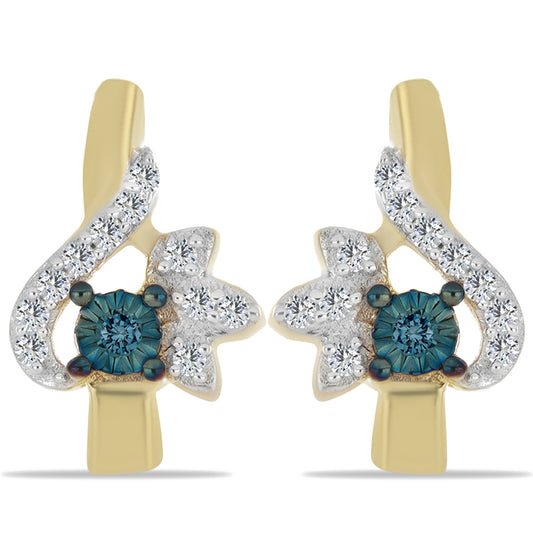 Brincos de Prata com Banho de Ouro com Diamante Azul e Zircão Branco
