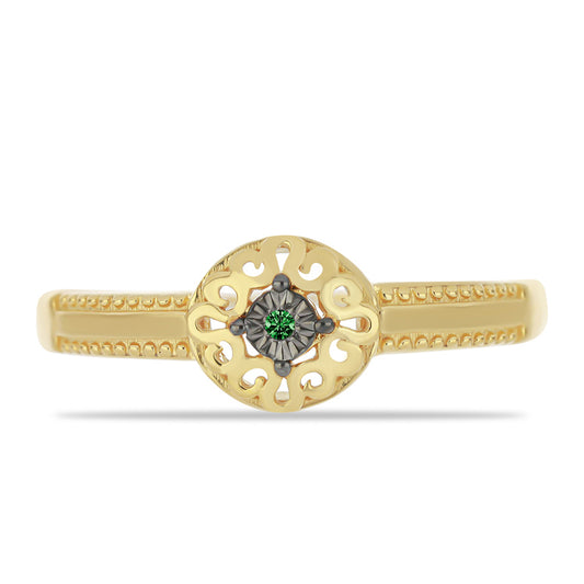 Anel de Prata com Banho de Ouro com Diamante Verde
