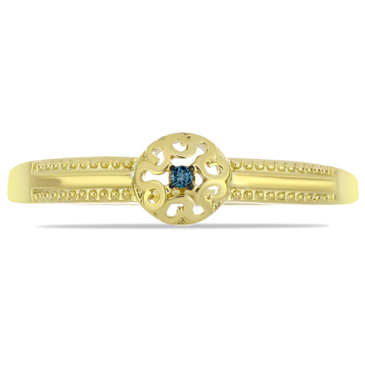 Anel de Prata com Banho de Ouro com Diamante Azul