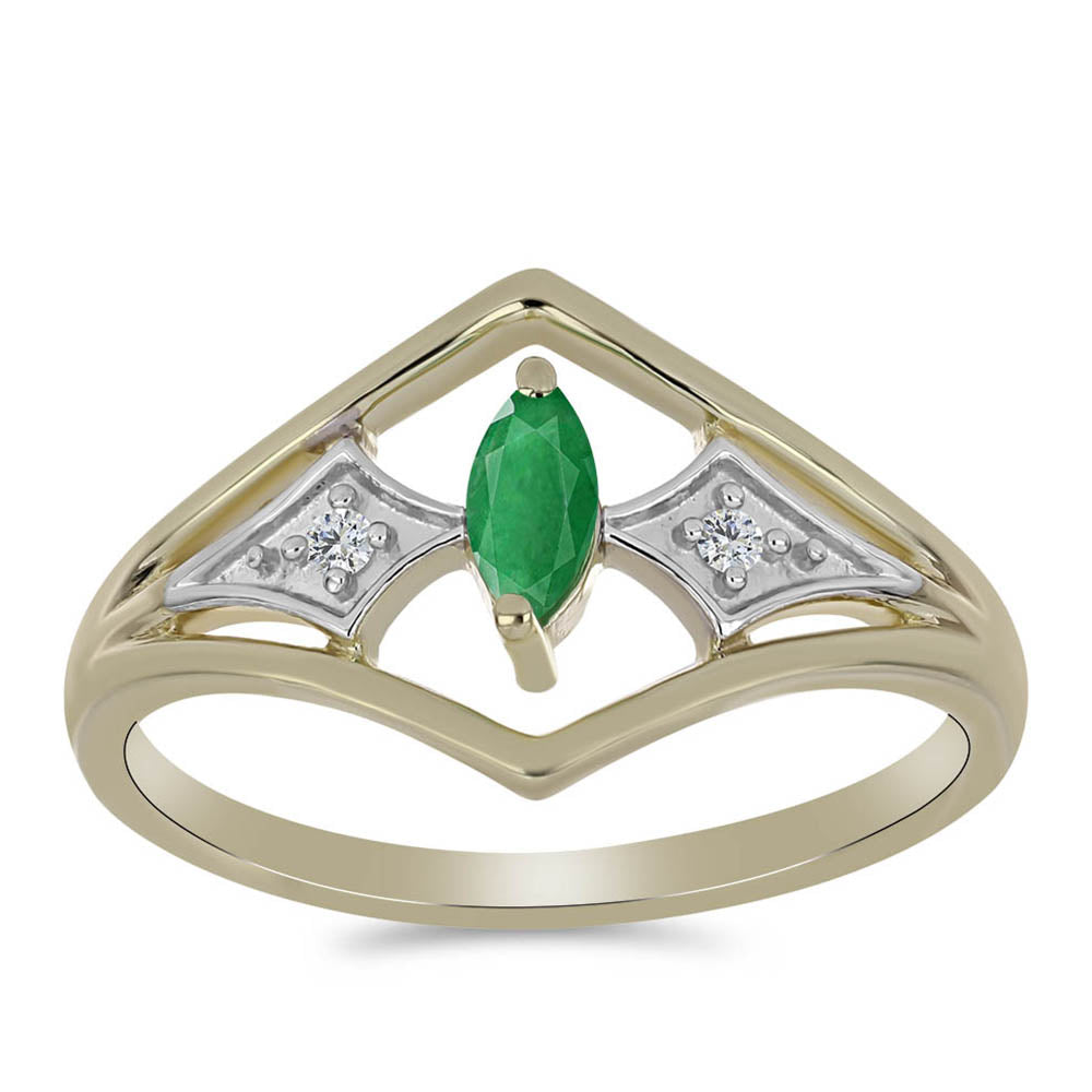 Anel de Prata com Banho de Ouro com Esmeralda do Brasil e Zircão Branco Natural