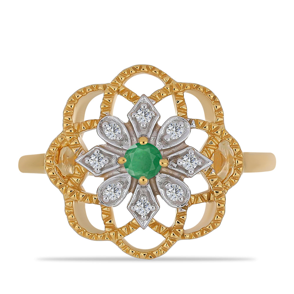 Anel de Prata com Banho de Ouro com Esmeralda do Brasil e Zircão Branco  Contraste: Cabeca de Veado (800)