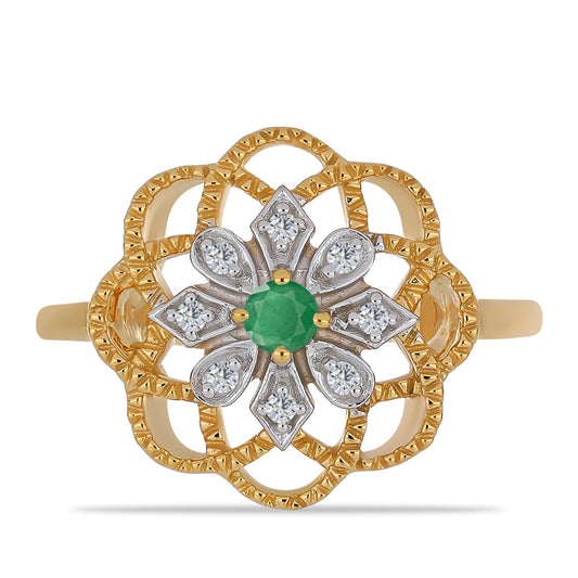 Anel de Prata com Banho de Ouro com Esmeralda do Brasil e Zircão Branco  Contraste: Cabeca de Veado (800)