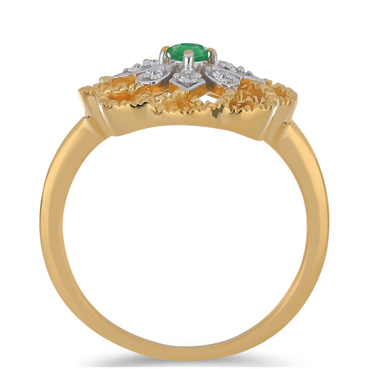 Anel de Prata com Banho de Ouro com Esmeralda do Brasil e Zircão Branco  Contraste: Cabeca de Veado (800)