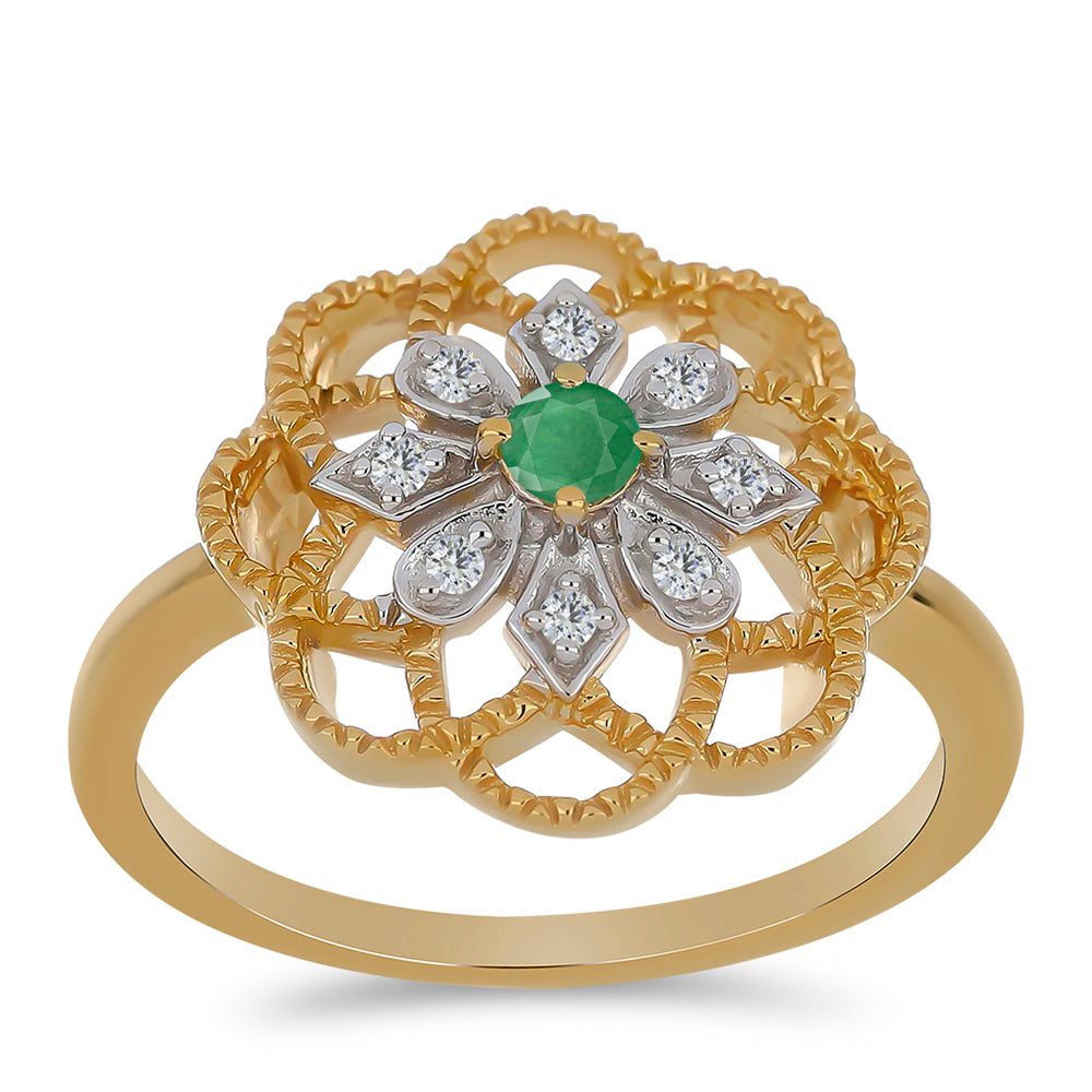 Anel de Prata com Banho de Ouro com Esmeralda do Brasil e Zircão Branco  Contraste: Cabeca de Veado (800) 3 